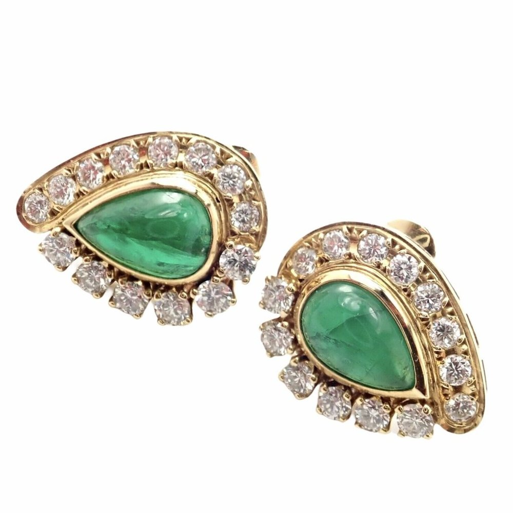 Authentic! Mikimoto 18k Yellow Gold Diamond Teardrop Emerald Screw Back Earrings - Picture 3 of 8